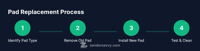 Infographic showing four-step pad replacement process for a DeWalt 5-inch orbital sander
