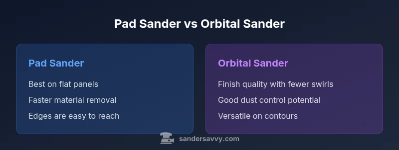 Side-by-side comparison infographic showing pad sander vs orbital sander features