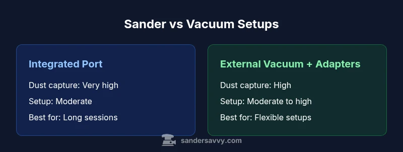 Infographic comparing integrated vacuum port vs external vacuum with adapters for sanding