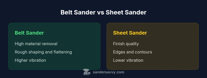 Comparison infographic showing Belt Sander vs Sheet Sander features